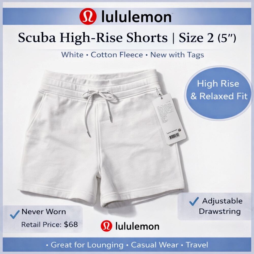 NWT Lululemon Scuba High-Rise Shorts 5” – White – Size 2